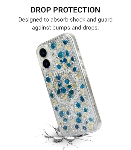 Image of Mag Flower Series Case for iPhone 16 Compatible with Wireless Charging | Real Dried Flower Embedded Design | Slim Transparent Shockproof Back Cover |Blue Edition