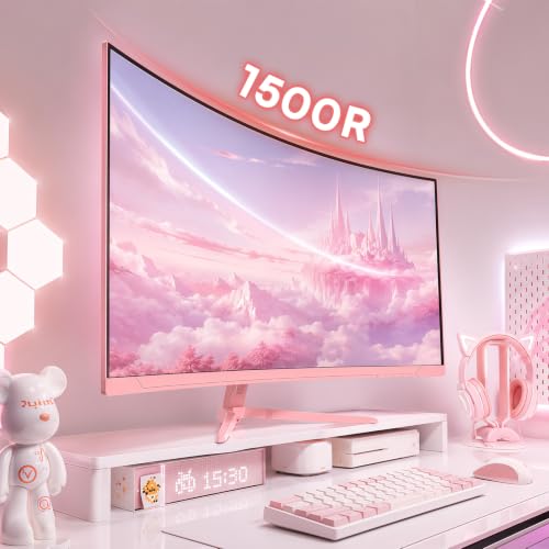 Image of Raywego 27 Inch Pink Curved Gaming Monitor for Desk Setup, 180Hz FHD 1080P Computer Monitor, 1500R Curved Display, FreeSync, HDR10, Home Office, Streaming & Content Creation