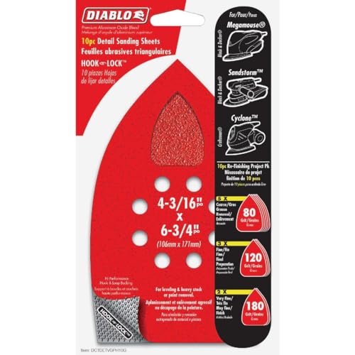 Image of Diablo Assorted MegaMouse Detail Sanding Sheets - 4-3 /16 inch x 6-3 /4 inch Size | 80 /120 /180 Grit, Hook & Lock Backing, 8 Holes, 10-Pack - Multi-Stage Finish & Fast Removal - DCTDETVGPH10G
