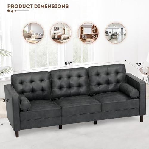 Image of 84 Inches Suede Leather Couch with Bolster Pillows, Grey | Comfy 3 Seater Sofa with Tufted Back Cushions, Modern Couch with Sturdy Legs for Living Room, Office, Bedroom