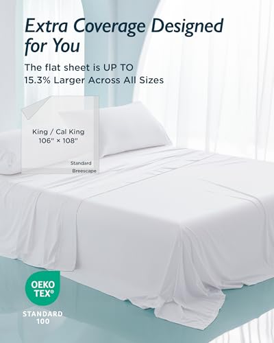 Breescape Cooling Sheet Set King Size - BlendTek™ Dry & Cool Technology for Hot Sleepers and Night Sweats, Q-Max>0.46 Tech, Deep Pocket Up to 18", 360° Elastic Band, Snow White