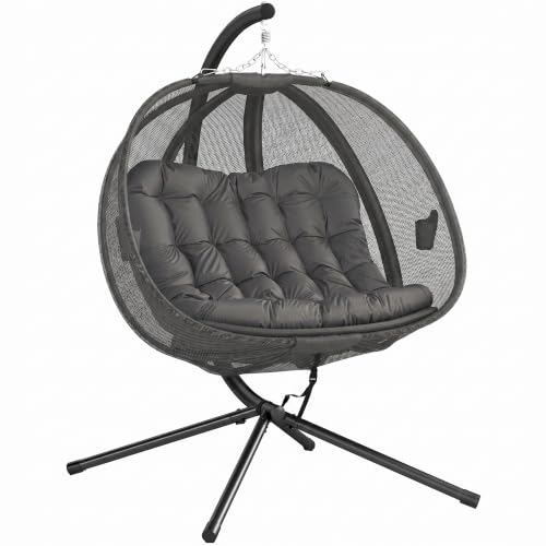Outsunny Double Hanging Egg Chair 2 Seaters Texteline Swing Hammock Chair with Stand Cushion and Folding Design for Indoor and Outdoor Grey