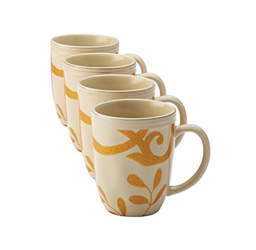 Rachael Ray Dinnerware Gold Scroll 4-Piece Mug Set, Almond Cream