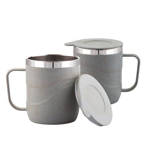 Image of ATTRO Brew Mug-Set of 2 - 300ml Stainless Steel Inner with eco Friendly Outer Body,Durable Stylish, Microwave Safe Coffee & Tea Mug with Handle & Lid, Perfect for Home, Office, Travel-Pastel Grey