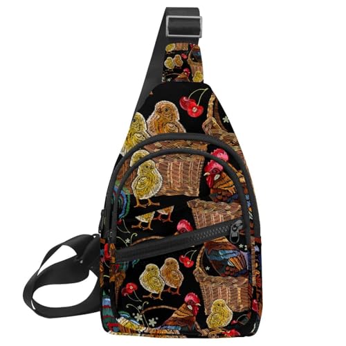 Sac de poitrine pour homme et femme motif coq et poules, sacoche bandoulière multicolore réglable