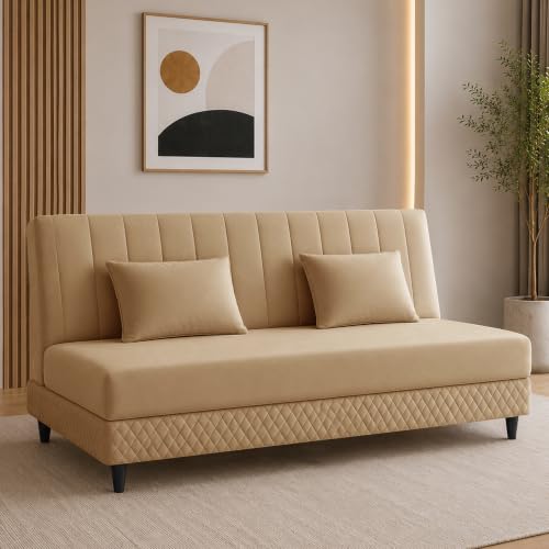 Image of Rosebell Modern 3 Seater Velvet Sofa Cum Bed with Cushion | Premium Upholstered Fabric | Tufted Backrest | Wooden Legs | Living Room Furniture | Golden