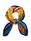 VIVISENCE Carré De Soie Femme 65 X 65 Cm, Foulard En Soie Naturelle 14 Momme, Bords Roulottés À La Main, Bleu/Orange,65 X 65 Cm