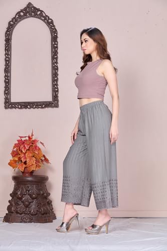Image of VIVIKA Chikankari Palazzo Pants for Women |Rayon Wide Leg Ethnic Palazo with Embroidery | Comfortable Elastic Waist Women's Palazzo for Casual, Festive & Office Wear