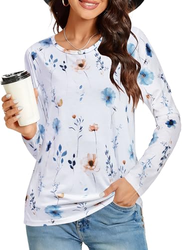 Long Sleeve Shirts for Women Basic Crew Neck Fall Tops Casual Fit T Shirts, Blue Floral, 2XL