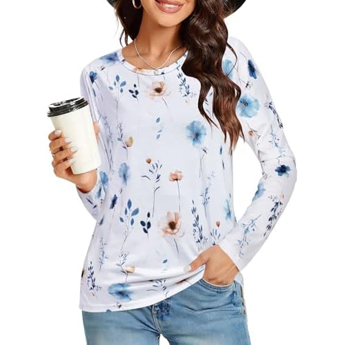 Long Sleeve Shirts for Women Basic Crew Neck Fall Tops Casual Fit T Shirts, Blue Floral, S