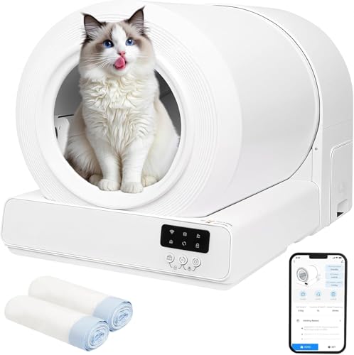 Self Cleaning Cat Litter Tray 85L APP Controlled Automatic Litter Box with 9 Safety Sensors Odorless Extra Large Smart Robot Tray with Mat and 2 Rolls Litter Bag