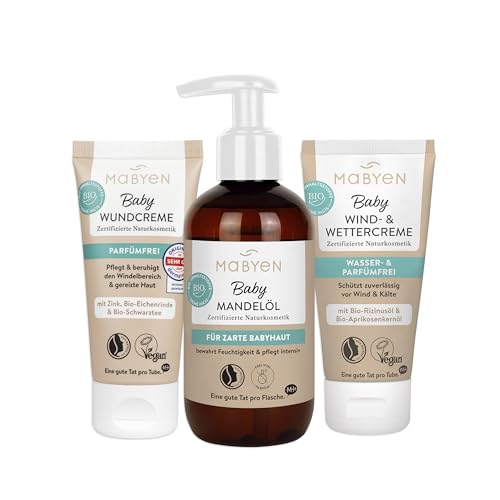 MABYEN Babypflege Rundum Sorglos Set | Naturkosmetik - 3 Produkte - Bio - Baby Ausstattung - Geschenkset - mit 1x Mandelöl, 1x Wundcreme & 1x Wind- & Wettercreme
