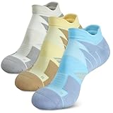 Hylaea Now Show Running Socks with Cushion Pad, Athletic Sport Tab Coolmax Low Cut Socks Moisture Wicking No Blister Seamless Anti-Odor Gray Yellow Blue 3 Pairs Large