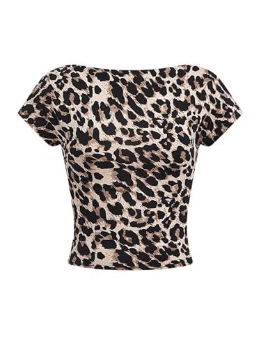SHENHE Girl's Cheetah Open Back T Shirts Y2k Boat Neck Short Sleeve Fitted Crop Tees