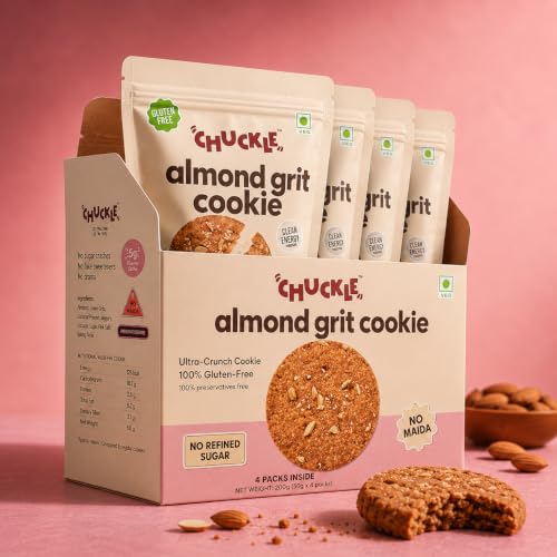 Image of Chuckle Almond Grit Cookies with Almond Flour & Oats (4 Pack), No Refined Sugar and Palm Oil, Jaggery Sweetened, Gluten Free Tea Time Healthy Snack for Kid & Adult, 5 g Protein per Cookie, (50g Each)