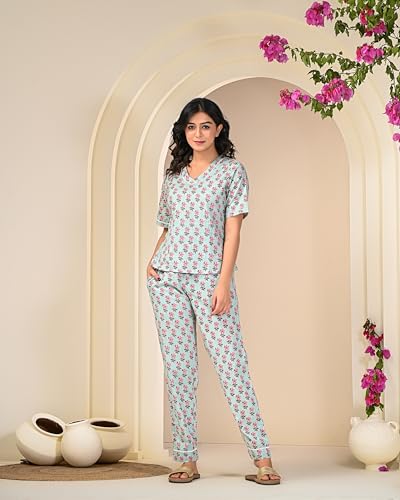 Image of KANNAHI Pure Cotton Paisley Jaipuri Printed Women Night Suit Top & Pyjama Set for Girls & Womens