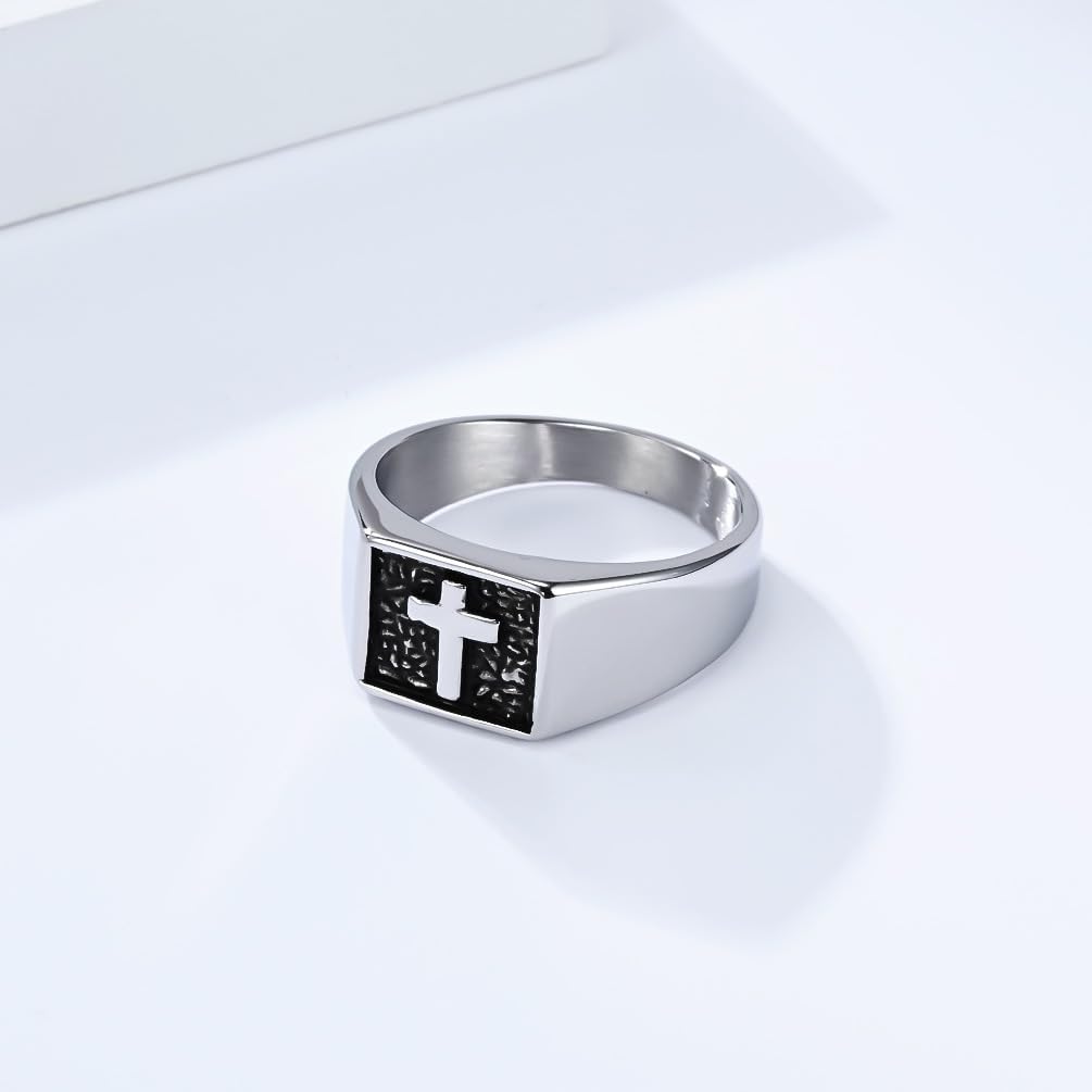 Cross Rings for Men Stainless Steel Wedding Band White/Yellow Gold Plated Christian Jewelry Gifts for Men Size 7-12