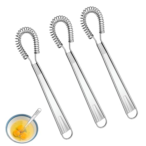 3Pcs Fouet Cuisine à Spirale, Fouets Cuisine Acier Inoxydable Mini Fouet à œufs, Argenté Cuillère Magique en Inox mèche Batteur à Main levée mousseur Foamer Mini-mélangeur Agitateur Pour Cuisson Lait