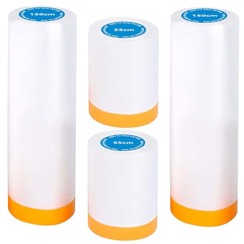 4 rollos de película protectora con cinta adhesiva, lámina protectora con cinta adhesiva, lámina de pintor, lámina para cubrir cinta dorada, láminas de pintura (2 tamaños)