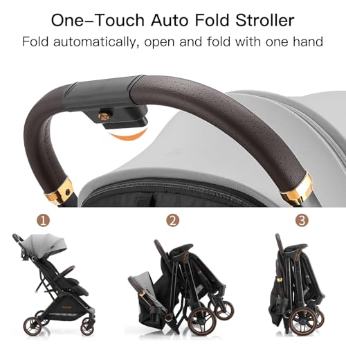 Image of Gromast Gravity Folding Baby Stroller - Portable Travel Toddler Stroller w /Adjustable Backrest, Canopy & Cup Holder, Lightweight and UV Protected, One-Hand Automatic Folding - Light Grey