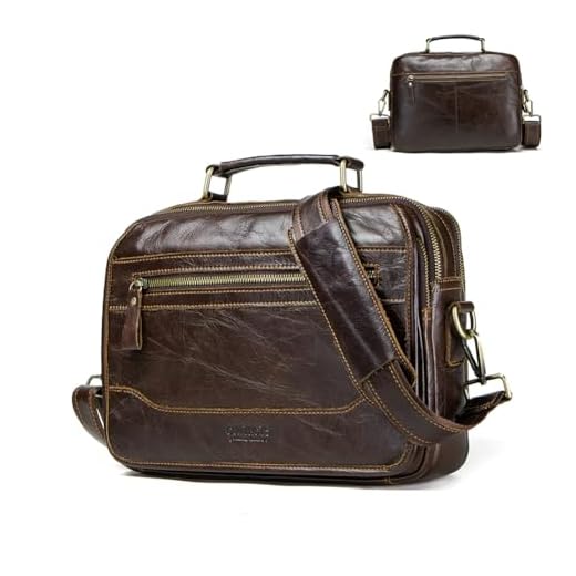 CONTACTS Bolsa de Ombro Masculina de Couro Legítimo Tiracolo com Alça Ajustável (82-142cm) e Bolso para Notebook até 12" com Grande, Shoulder Bag Mochila Carteiro Transversal de Viagem Luxo-Marrom