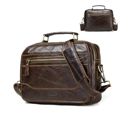 CONTACTS Bolsa de Ombro Masculina de Couro Legítimo Tiracolo com Alça Ajustável (82-142cm) e Bolso para Notebook até 12' com Grande, Shoulder Bag Bolsas Carteira Transversal de Viagem Luxo-Marrom