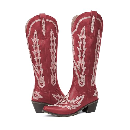 Image of olomisa Over the Knee Cowboy Boots for Women Embroidery Cowgirl Boots Chunky Heel Side Zipper Boots Thigh High Western Boots