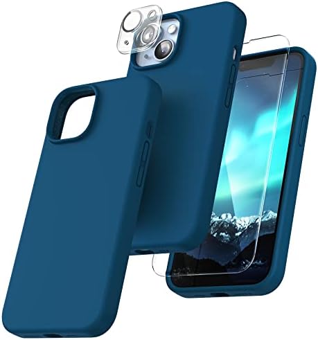 TOCOL 5 in 1 for iPhone 14 Case, with 2 Pack Tempered Screen Protector + 2 Pack Camera Lens Protector, Liquid Silicone Slim Shockproof Cover [Anti-Scratch] [Drop Protection] 6.1 Inch, Midnight Blue