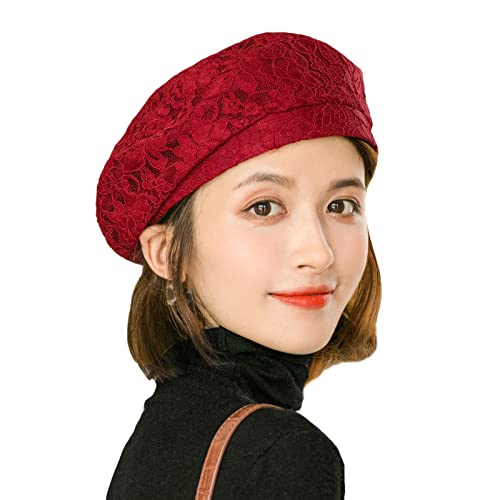 Women’s Chic Lace Beret French Dress Beret Vintage Summer Fascinator Hats For Ladys (Wine Red) #TOP13