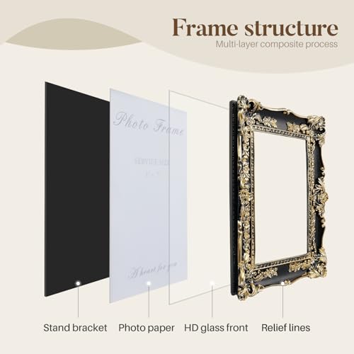 Vintage Black and Gold Picture Frame 5x7, Ornate Baroque Resin Handcrafted Picture Frames with Glass Front, Antique Textured Design Decorative Frame for Tabletop & Wall Display