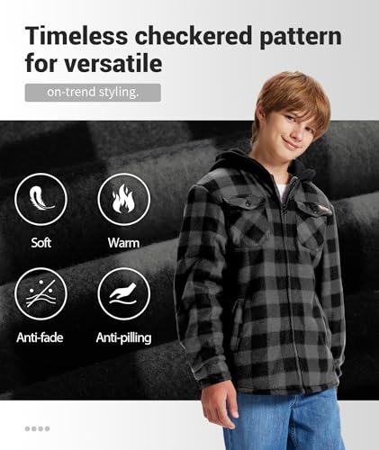 Image of ZITY Boys Flannel Jacket Sherpa Lined Zip Up Hoodie | Thick Plaid Shirt With 4 Pockets,Warm,Soft,Kids Outerwear,Machine Washable,School,Daily,Hiking,Camping,Winter Coat,6-15 Years