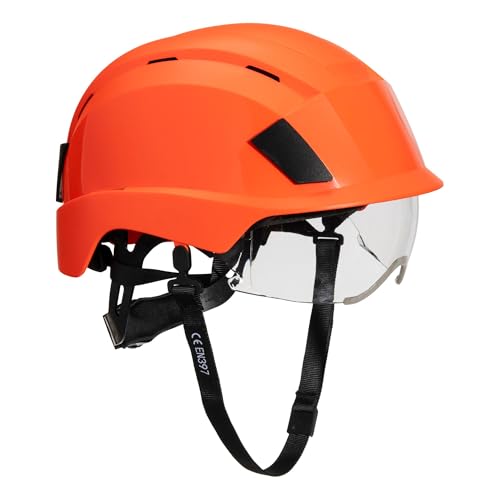 Image of Portwest PS80 Integrated Visor Helmet Safety Head Protection ABS EPS Polycarbonate Shell Integrated Retractable Visor Wheel Ratchet Vented Cooling Airflow CE Certified, Orange, One Size