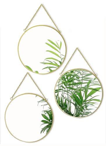 GreyZouq Set of Three Round Wall Mirrors with Gold Metal Rim and Chain, 25 cm, Set of 3, Gold. Suitable for bedroom, bathroom, hallway, living room or any space in the home.