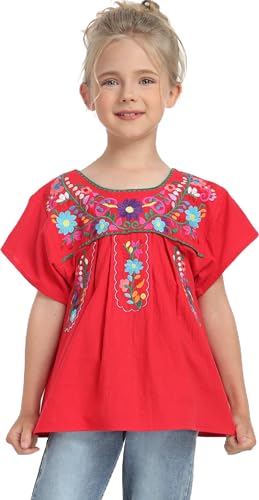 Image of YZXDORWJ Mexican Blouse for Girls Traditional Embroidered Summer Short Sleeve Peasant Blouse for Kids