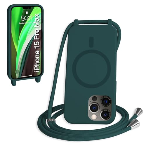 Magnetic Crossbody Case Compatible with iPhone 15 Pro Max Support Magsafe,Wireless Charging Shell with Adjustable Neck Cord Lanyard Strap,Green
