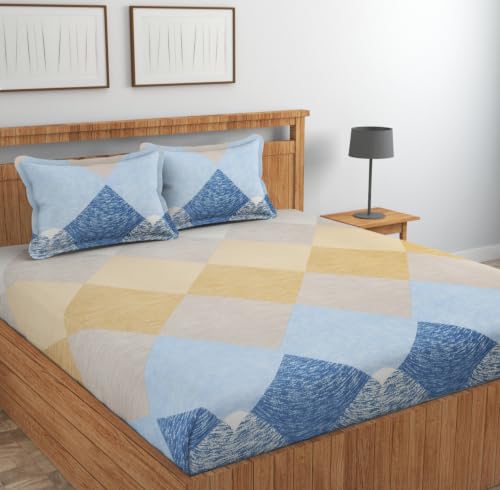 Image of NHD HOME 220 TC Cotton All Around Elastic Fitted Printed Bedsheets King Size, Fitted Bedsheets King Size for Double Bed with 2 Pillow Covers, Size- 78 x 72+8, Dark Grey Beige