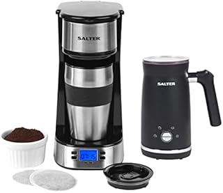 Salter COMBO-8001 Digital Coffee Maker to Go with Electric Milk Frother Steamer Set, 420 ml Stainless Steel Travel Mug, with Hot, Cold and Frothy Function, Compatible with Ground Coffee/Pads