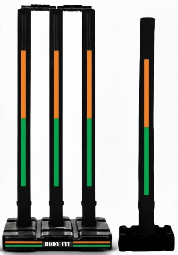 Image of Bodyfit PremiumCricket Stumps | PVC Wickets Set with 4 Stumps + 2 Bails + 2 Stands | Full Size Wickets for Cricket Ground, Tournament Wicket. (Black-OG)