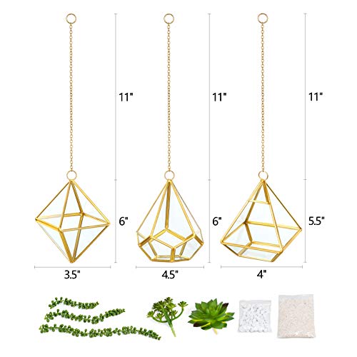 Mkono Artificial Succulent Plants With Hanging Glass Geometric Terrarium, Set Of 3 Mini Vertical Miniature Potted Fake Plant For Home Office Decor Dorm Wedding Gift Idea, Gold #TOP6