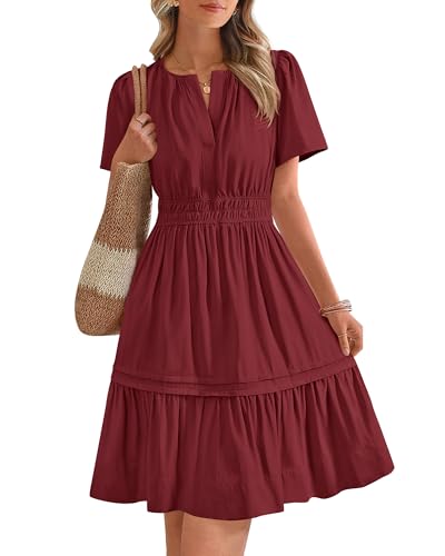 BTFBM Women's Casual Dresses 2025 Summer Spring V Neck Short Sleeve Sundress Smocked Waist A Line Tiered Mini Dress