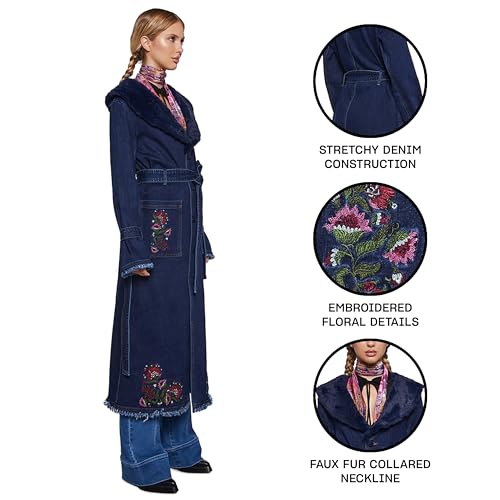Dolls Kill Woven Dreams Denim Trench Coat by Current Mod - Floral Embroidered Stretch Denim with Faux Fur Collar - Blue3