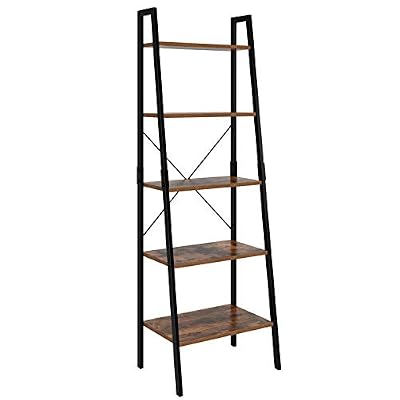 Homfa Industrial Ladder Shelf, 5 Tier Bookshelf Plant Flower Stand Storage Rack Multipurpose Utility Organizer Shelves Wood Look Accent Metal Frame Furniture Home Office
