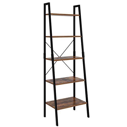 Homfa Industrial Ladder Shelf, 5 Tier Bookshelf Plant Flower Stand Storage Rack Multipurpose Utility Organizer Shelves Wood Look Accent Metal Frame Furniture Home Office