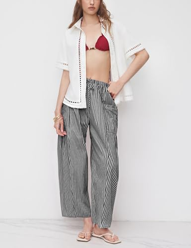 Yeokou Women Wide Leg Pants Casual Striped Cotton Mid Rise Drawstring Palazzo Trousers with Pockets2