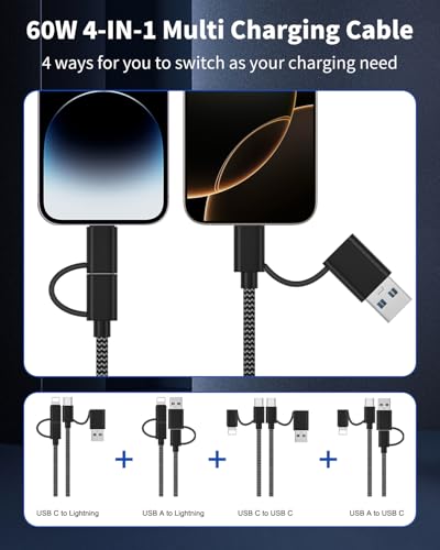 4-in-1 snellaadkabel 2m USB C naar USB C/Lightning & USB A naar USB C/Lightning, 60W, iPhone Samsung Huawei - Afbeelding 4