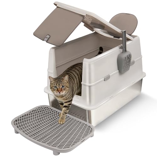 XXL Edelstahl Katzentoilette mit Deckel - 60x43x40cm Großes Katzenklo geschlossen, 120° Klappdeckel, Auslaufsicher für Stehpinkler & Große Katzen, inkl. Streu-Treppe & Schaufel, Grau