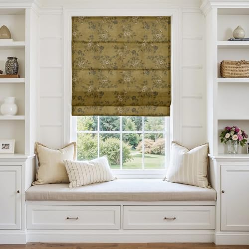 Image of TWOPAGES No Drill Cordless Vintage Floral Print Roman Shades Linen Textured Roman Blinds for Windows, Custom Made Room Darkening Light Filtering Roman Window Shades, Copper, 1 Piece