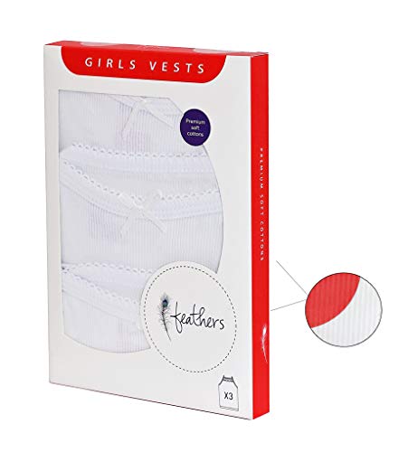 Feathers Girls Solid Rib White Snug Fit Tagless Cami Vest - 100% Cotton Super Soft Undershirts (3/Pack) #TOP2