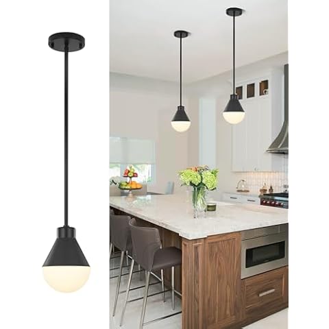 ASLAINY Black Pendant Lights Kitchen Island, Modern Hanging Light Fixtures with Frosted Glass and Adjustable Rod, Mid Century Mini Cone Pendant Light for Kitchen Island Bedroom, 6.3 in, PE9402-1BK Cover