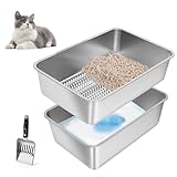 Bartuke Inodoro para Gatos XXL de Acero Inoxidable, 23.6x15.7''x8'' Caja de Metal semicerrada, con colador, Pala para Gatos Grandes, fácil Limpieza